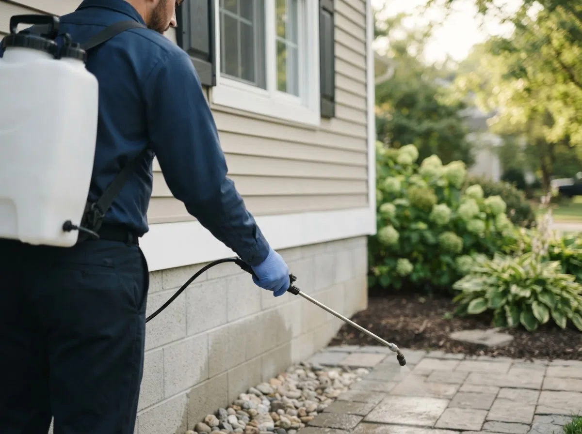 Pest control technician inspecting a home in Golden Eagle, IL